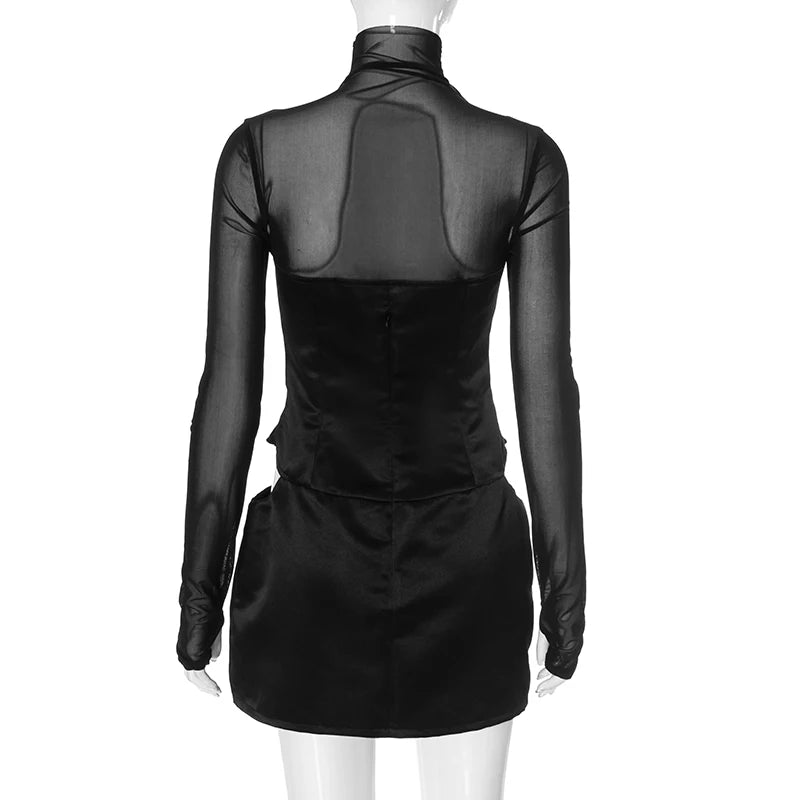 Mesh Patchwork High Neck Slim Hollow Cut Long Sleeve Package Hip Short Dress