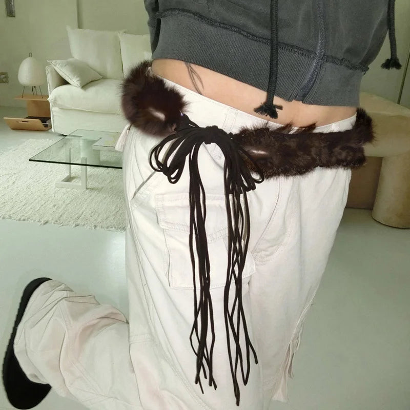 Retro Furry Belts Adjustable Accessories Drawstring Belts
