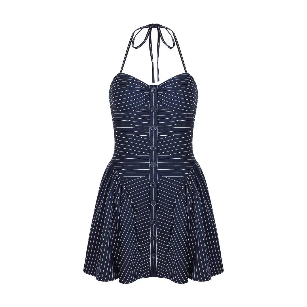 Pure Desire Striped Hanging Neck, Waist, and Bareback Dress for Niche High End Dress