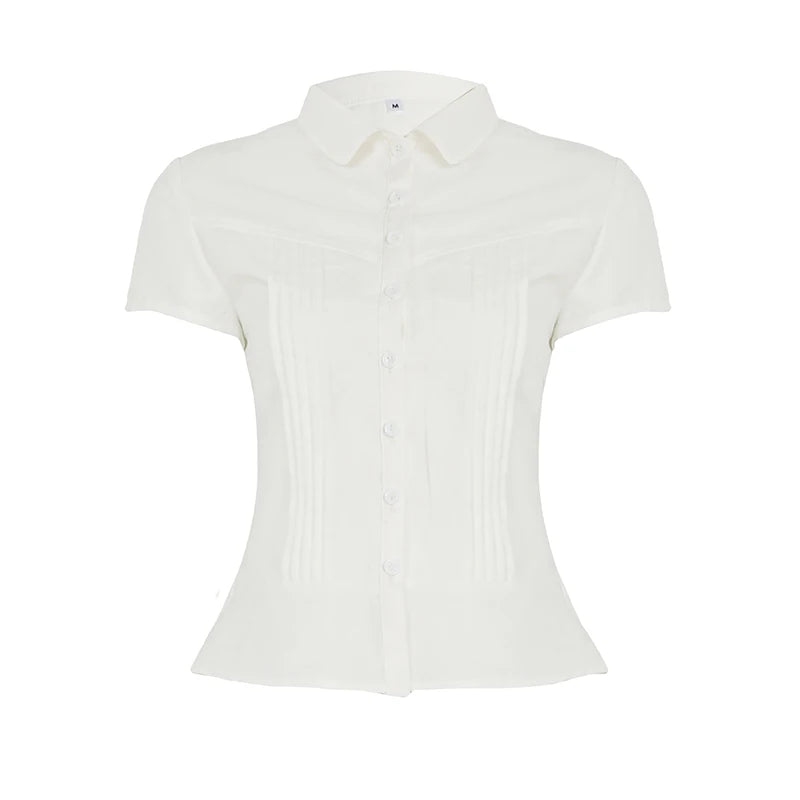 Turn-Down Collar Button-Up Corset Blouse 's Tee Shirt Short Sleeve Top
