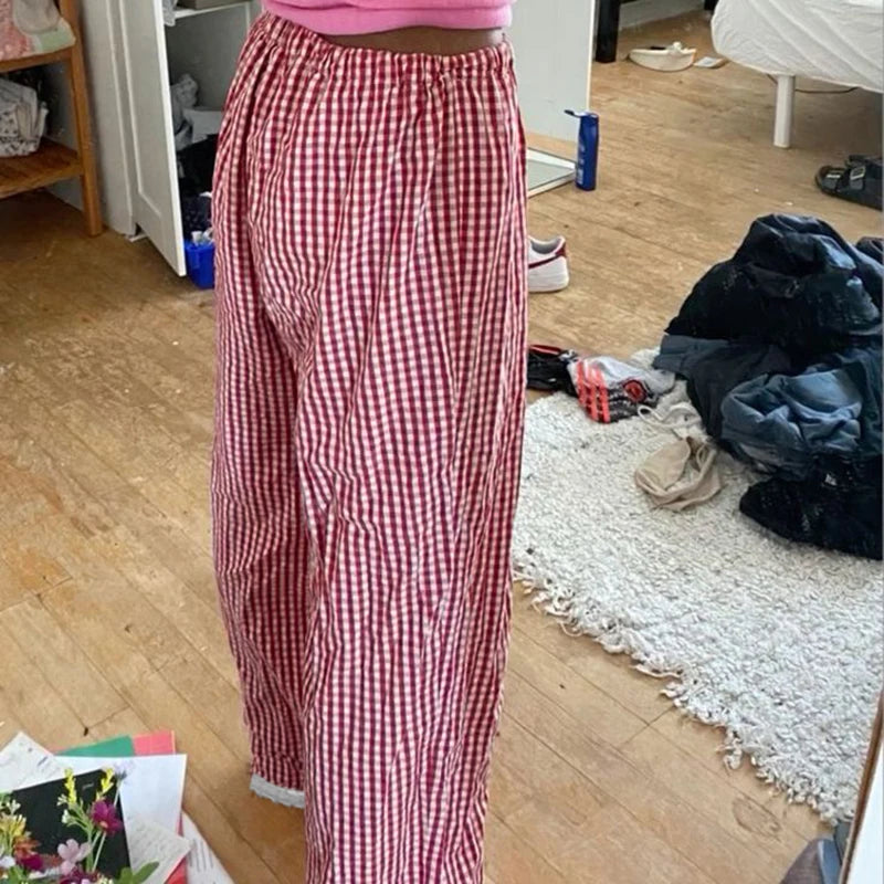 Plaid Straight Pant Lace Patchwork Bow Baggy Trouer Jogger Bottom