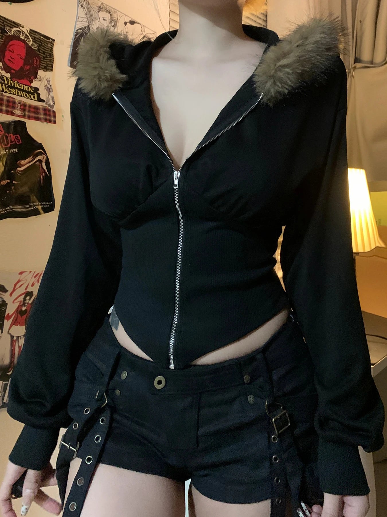 Zip Up Fur Neck Hoodie Coats Slim 's Jackets s