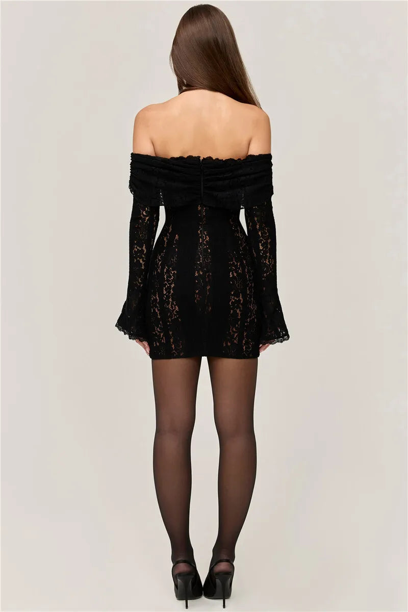 Lace Off-shoulder Maxi Dress Strapless Backless Long Sleeve Bodycon Evening Long Dress