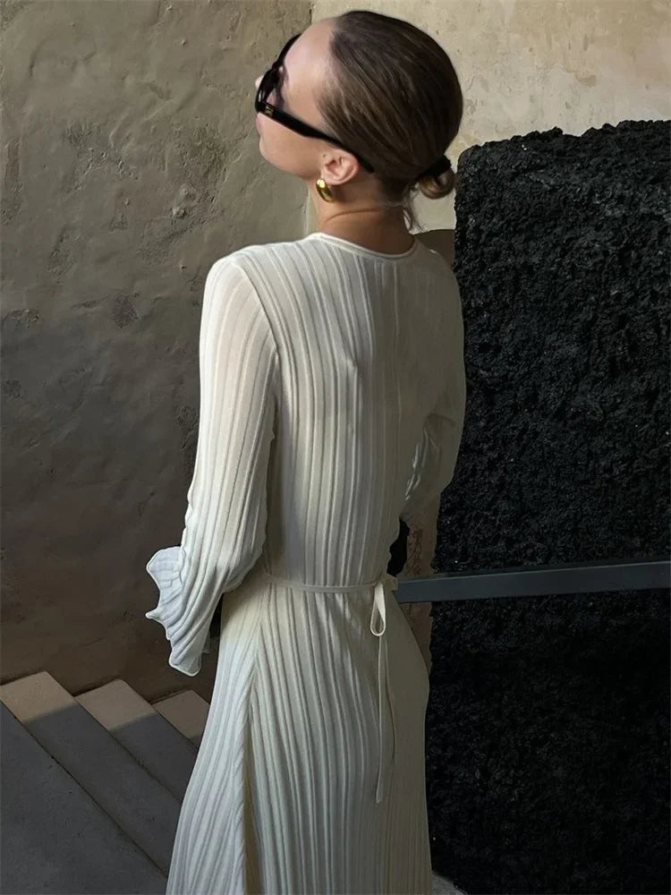 Knit Loose Maxi Dress Lace-Up High Waist Ribbed Long Sleeve Dress Knit Long Dress