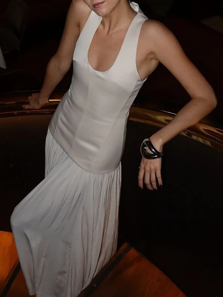 U-neck Maxi Dress Apricot Sleeveless High Waist Dress