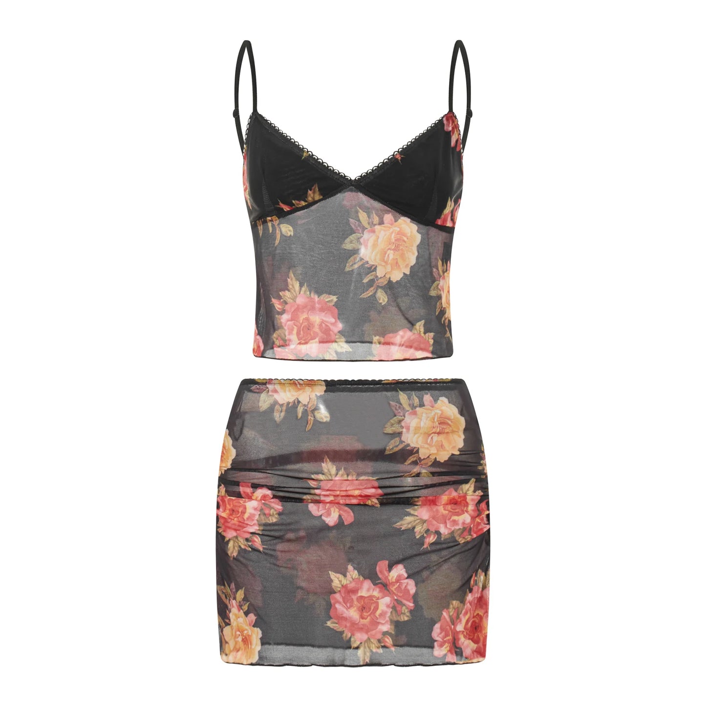 Sleeveless V Neck Low Cut Cami Top Elastic Waist Flower Print Mini Skirt 2 Piece
