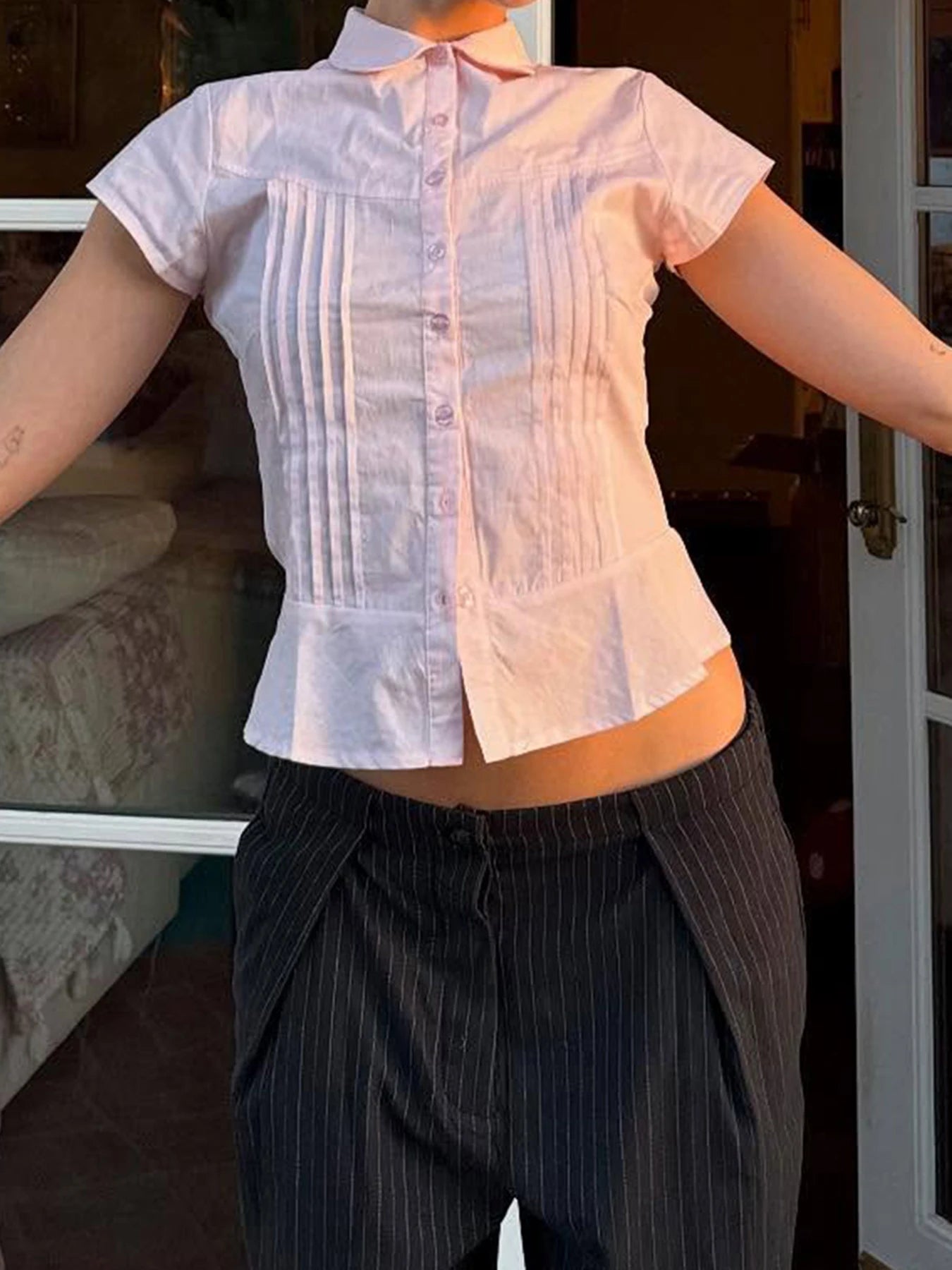 Turn-Down Collar Button-Up Corset Blouse 's Tee Shirt Short Sleeve Top