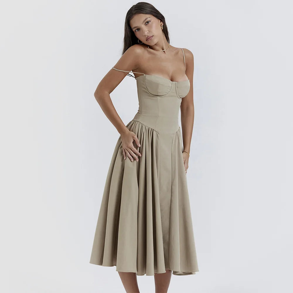 Dress for Pink Spaghetti Strap Midi Dress with Pocket Long Dress