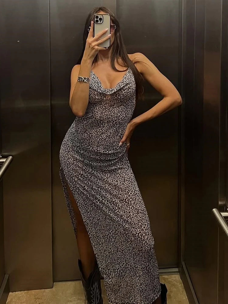 Leopard Dress Halter Swinging Neck Backless Lace Up Split Long