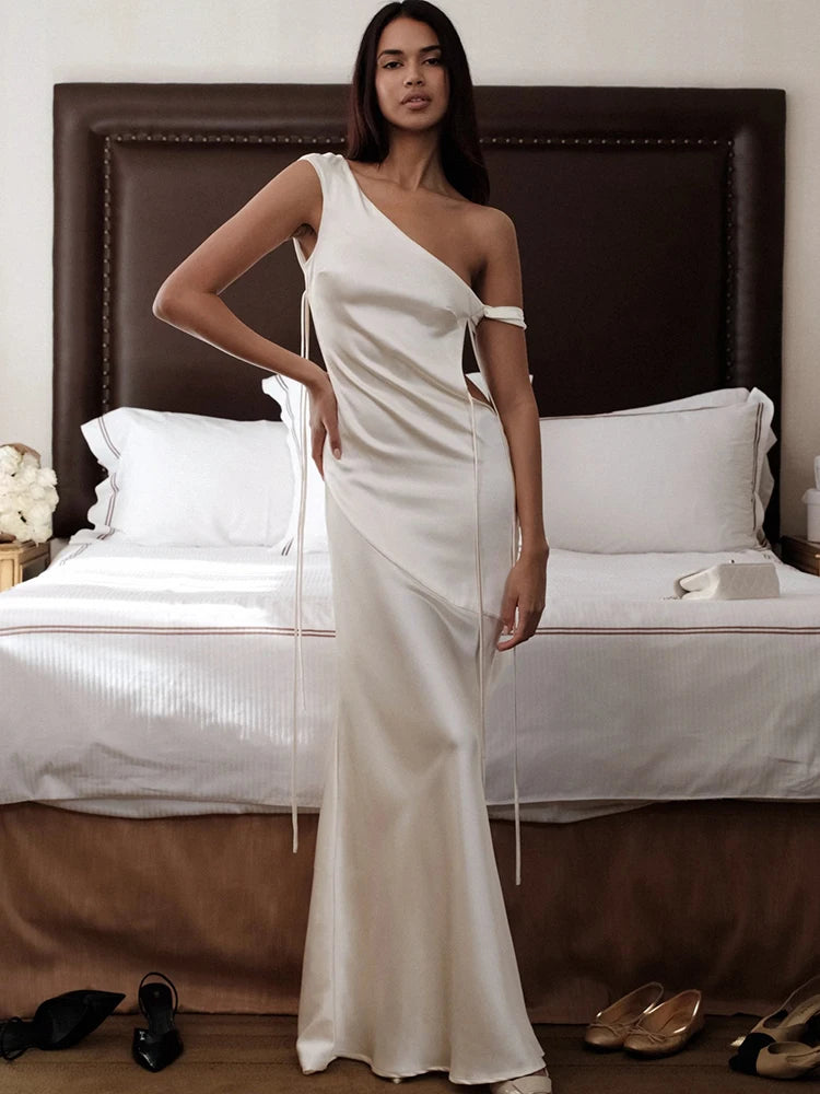 Satin Backless Maxi Dress Apricot Sleeveless Evening Dress Slim