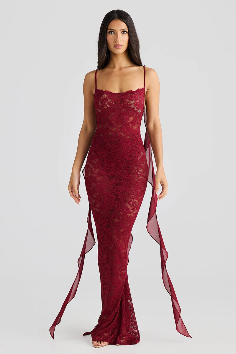 Lace See Through Camisole Maxi Dress For Ribbons Sleeveless Backless Slim Bodycon Long Dress Ladies Robes