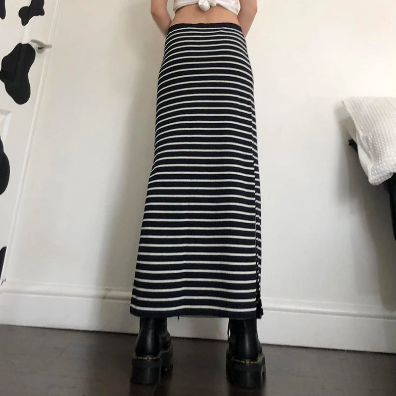 Strip Long Skirt Straight Bottom Slit Skirt