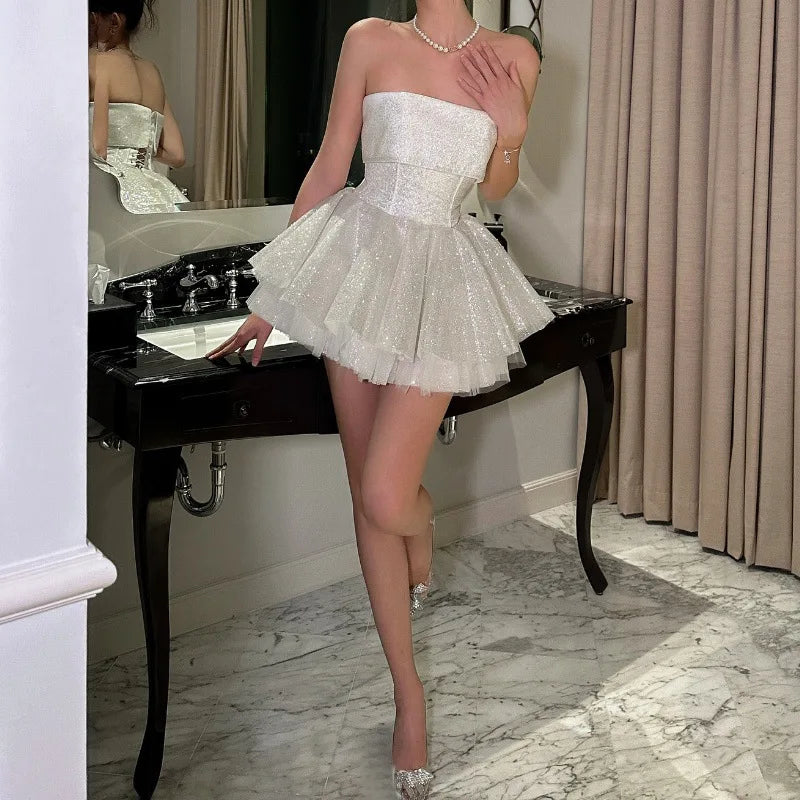 Strapless Shiny Dress White Backless A-line Dress Slim