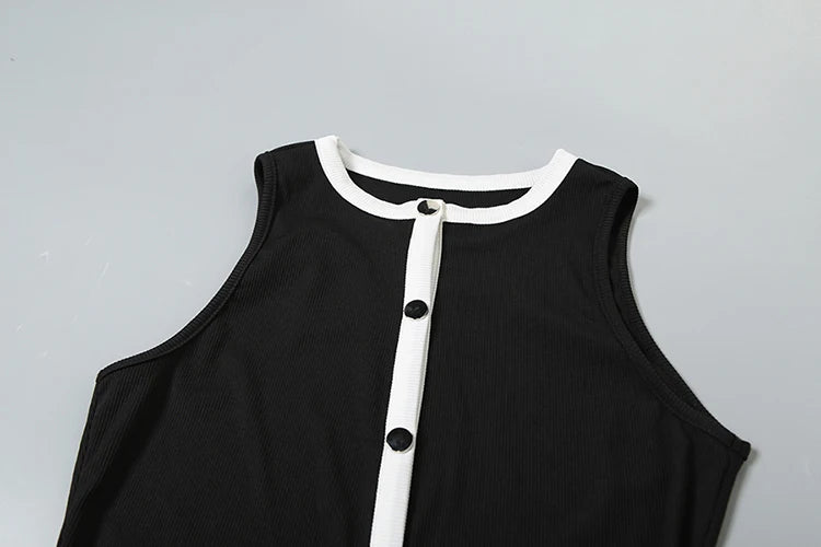 Fad Ribbed Patchwork Two Piece Set Single-Breasted Sleeveless Top Stretch Shorts Daily