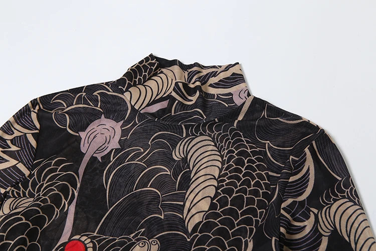 See Through Blouse Snake Print Half-High Neck Long Sleeves High Slits High Elasticity Long Top