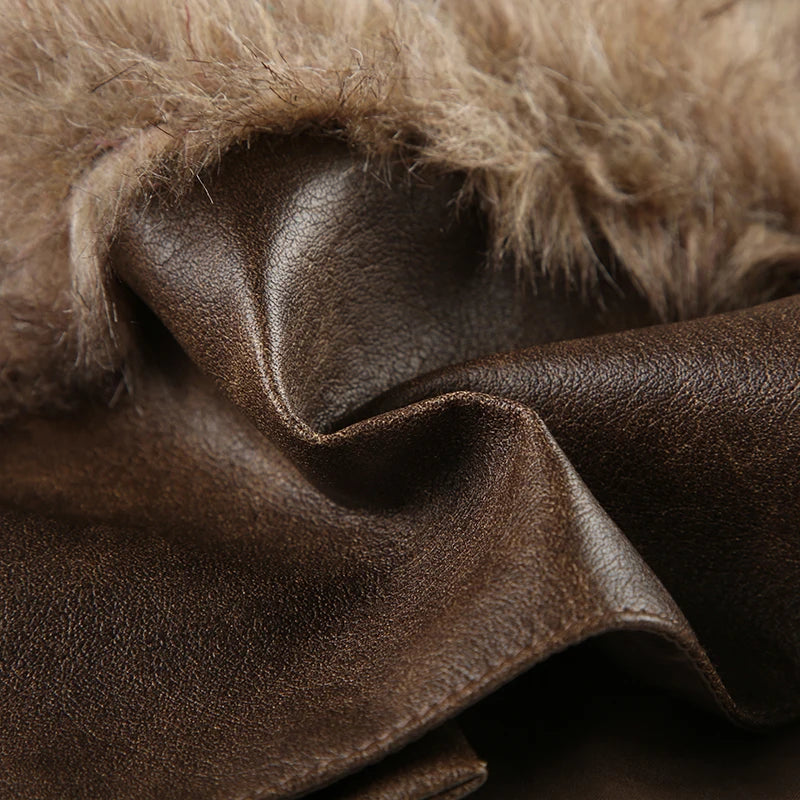 Brown Pu Leather Furry Mini Skirt