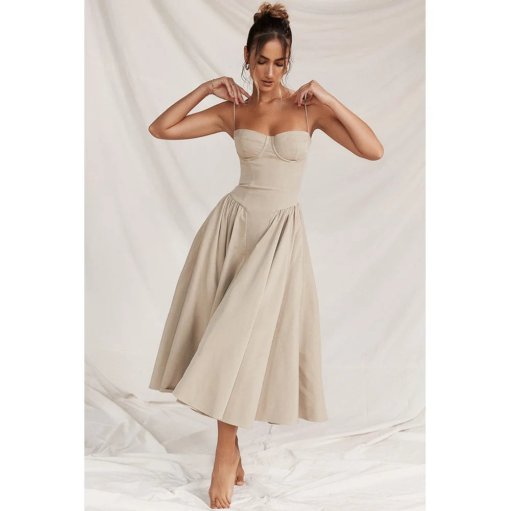 Dress for Pink Spaghetti Strap Midi Dress with Pocket Long Dress
