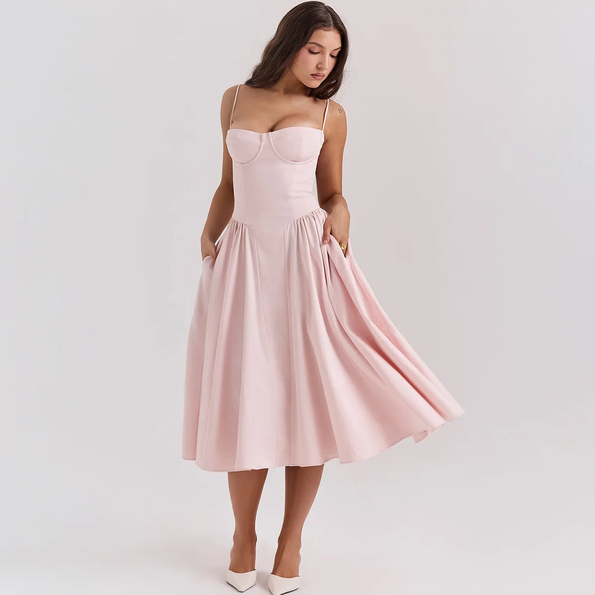 Dress for Pink Spaghetti Strap Midi Dress with Pocket Long Dress