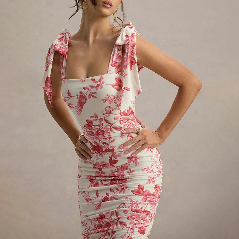'S Spring And Shrink Pleated Package Hip Slim Printing Camisole Tie Dress Dress