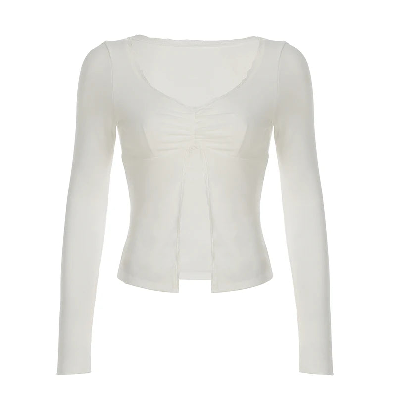 Lace Patchwork Slits Tee Shirts Long Sleeves 's Leisure Top
