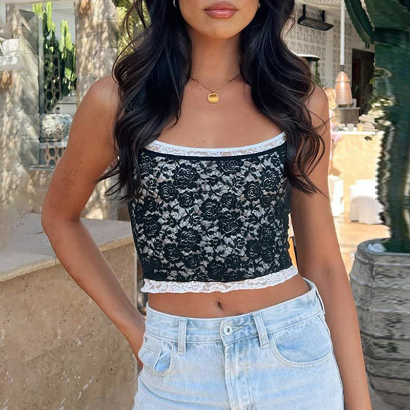 Transparent Cropped Camisole Two-layers Lace Bustiers Adjustable Straps Slim 's Shirts