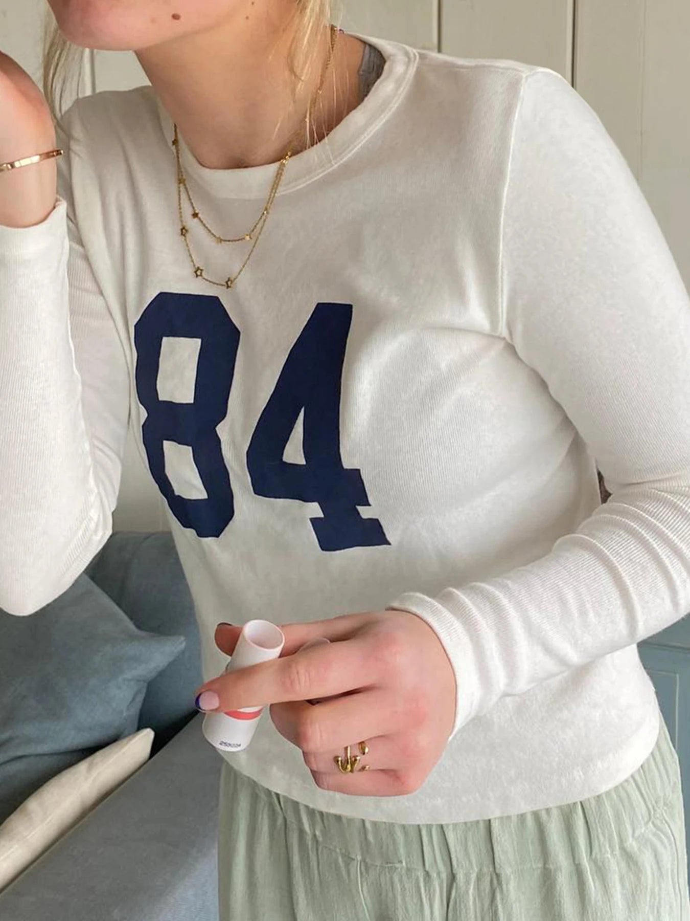 Digital Print Tee Shirts Long Sleeves Crewneck Top Slim