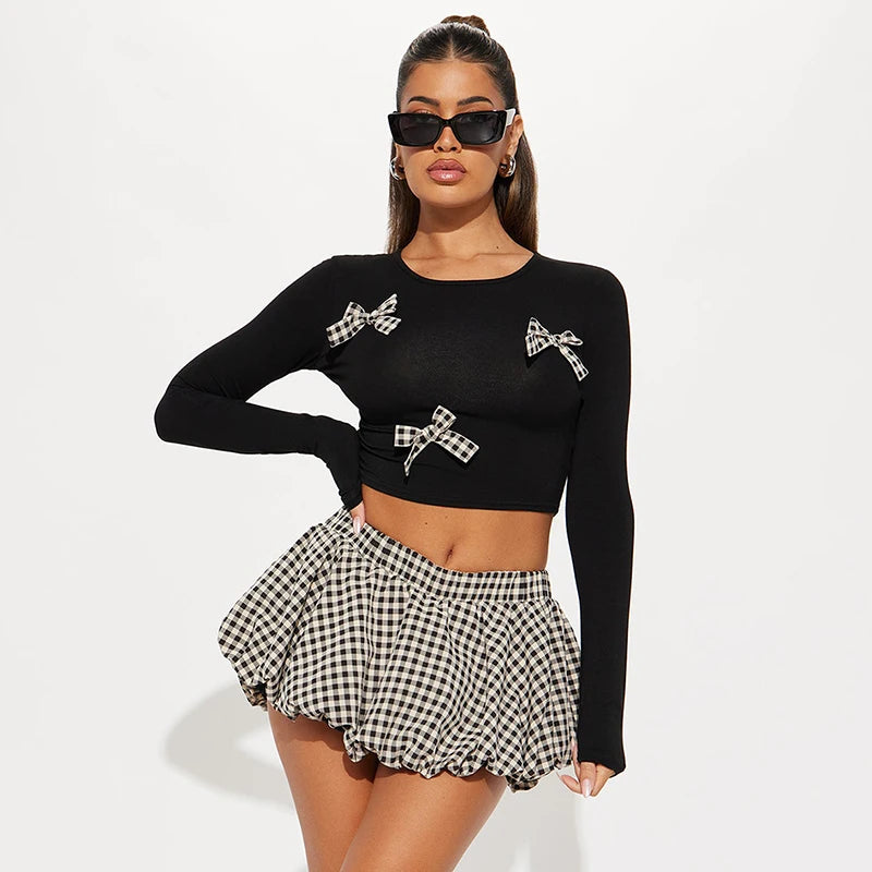 Set Bowknot Dress Round Neck Long Sleeve Crop Top Sobriety Plaid Pod Mini Skirt Set Lovely tie