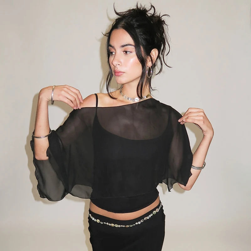 Black Mesh Ruffles Two Piece Top