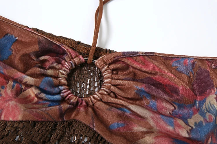 Brown Knit Halter Patchwork Three Piece Set