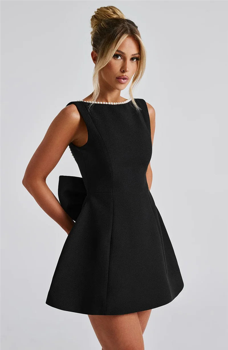 Pearl Bow Backless Mini Dress Zipper Sleeveless High Waist A-line Dress