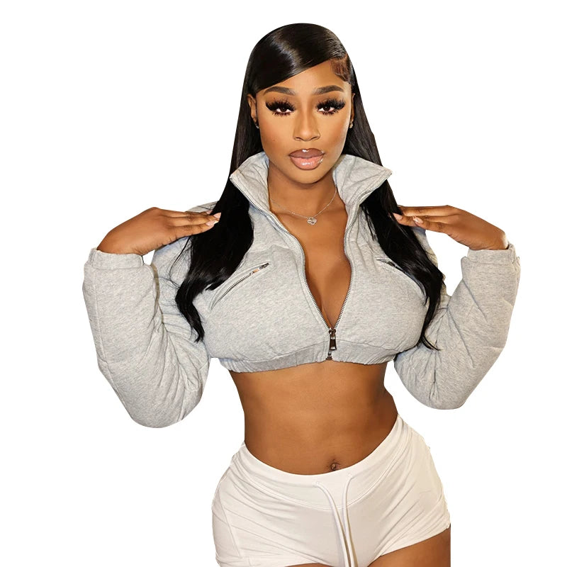 Long Sleeve Super Short Zipper Cotton Bloue Top Warmly Stand Crop Top