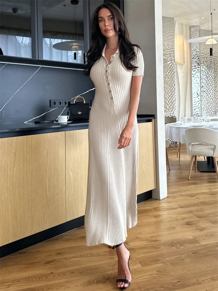 White Knit Maxi Dress Short Sleeve Patchwork Dress Lapel High Waist Knit Dress