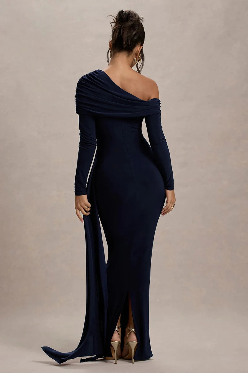 Skew Collar Long Sleeve Maxi Dress Gown Backless Draped Ruched Bodycon Long Dress