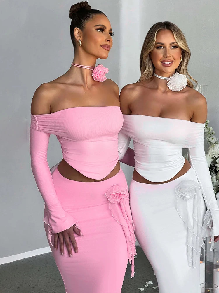 3D Flower Off Shoulder Crop Top Maxi Skirt Set