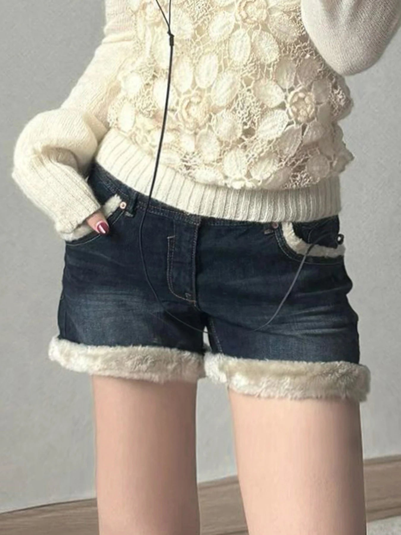 Fur Patchwork Denim Shorts Low Waisted Bottoms Cotton Pants