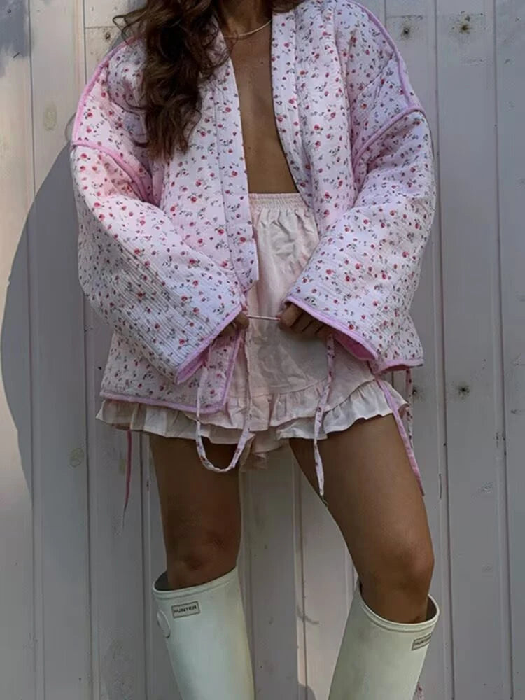 Pink Floral V Neck Cotton Jacket