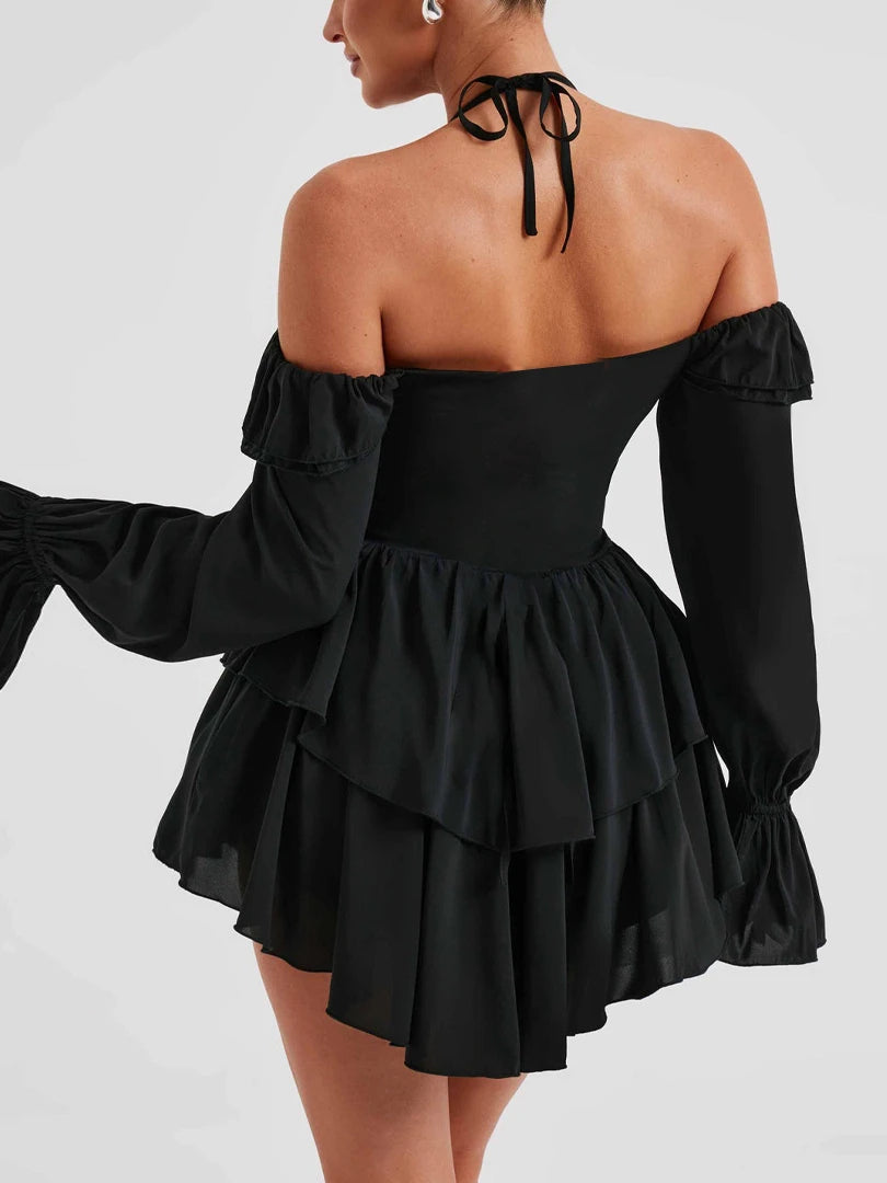 Halter Ruffle Flare Sleeves Mini Dress