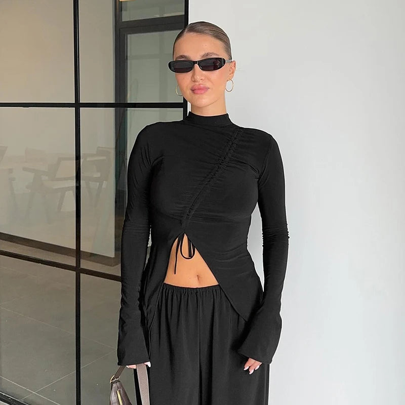Half Neck Collar Long Sleeve Top Irregular Deign Drawtring Wrinkle Crop Top Skintight