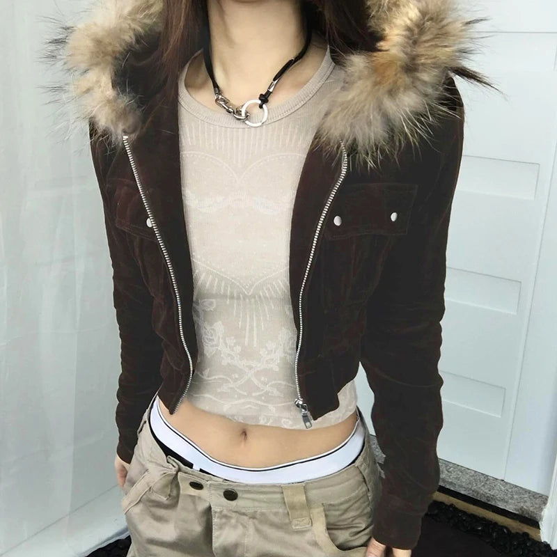 Pockets Fur Collar Short Jackets Zip Up Hoodies Coats