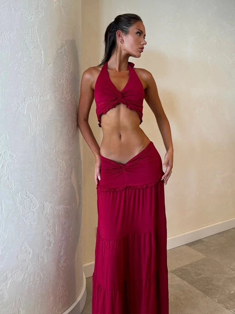 Two Piece Set Halter Backless Crop Camisole Waist Ruffles Long Skirt Ruched Street Suits