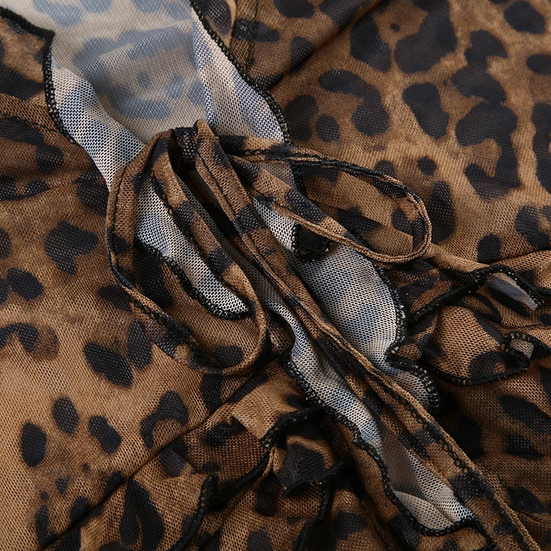 Leopard Meh Ruch Tee Shirt Lace-up Long Sleeve Brown