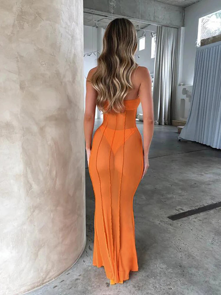 Mesh Patchwork See Through Maxi Dress Slim Coquette Strapless Fit