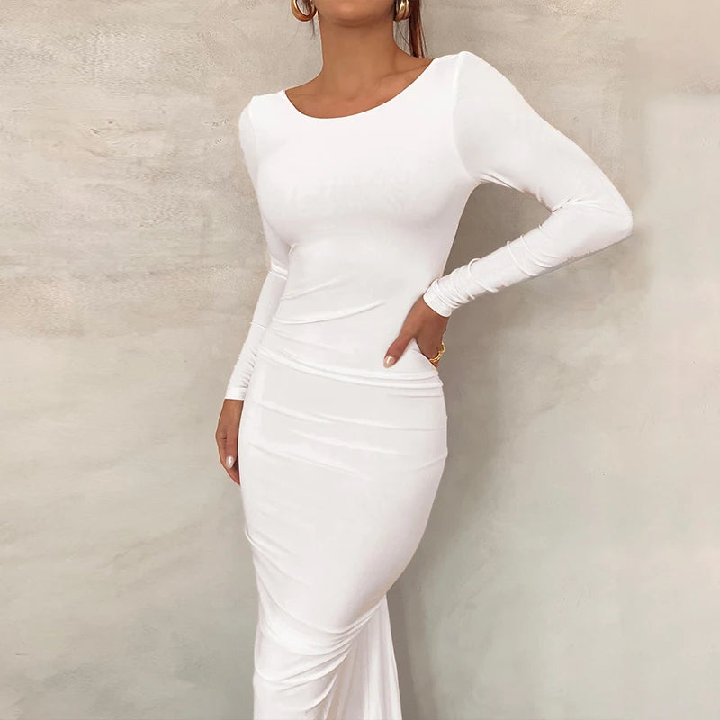 Ruched Backless Long Sleeve Bodycon Midi Dress