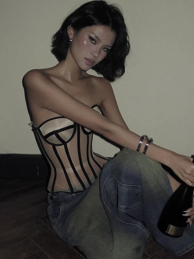 Strapless Top See Through Black Patchwork Midnight Simple Classic Top
