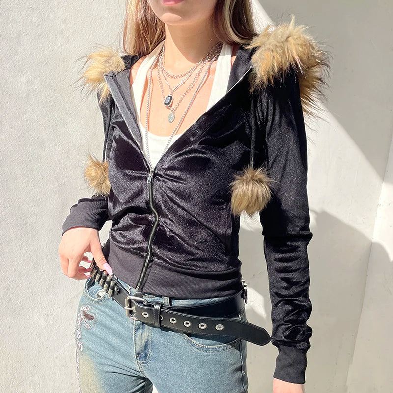 Zip Up Fur Neck Hoodie Coats 's Jackets Front Pockets