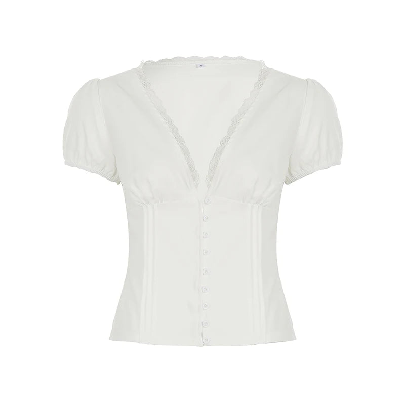 White Lace Slim Short Sleeves Top