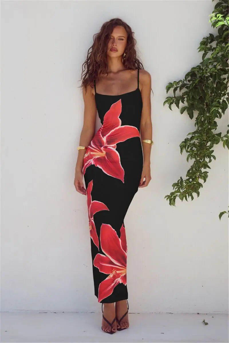 Floreal Long Dress Gown Spaghetti Strap Sleeveless Backless Bodycon Midi Dress