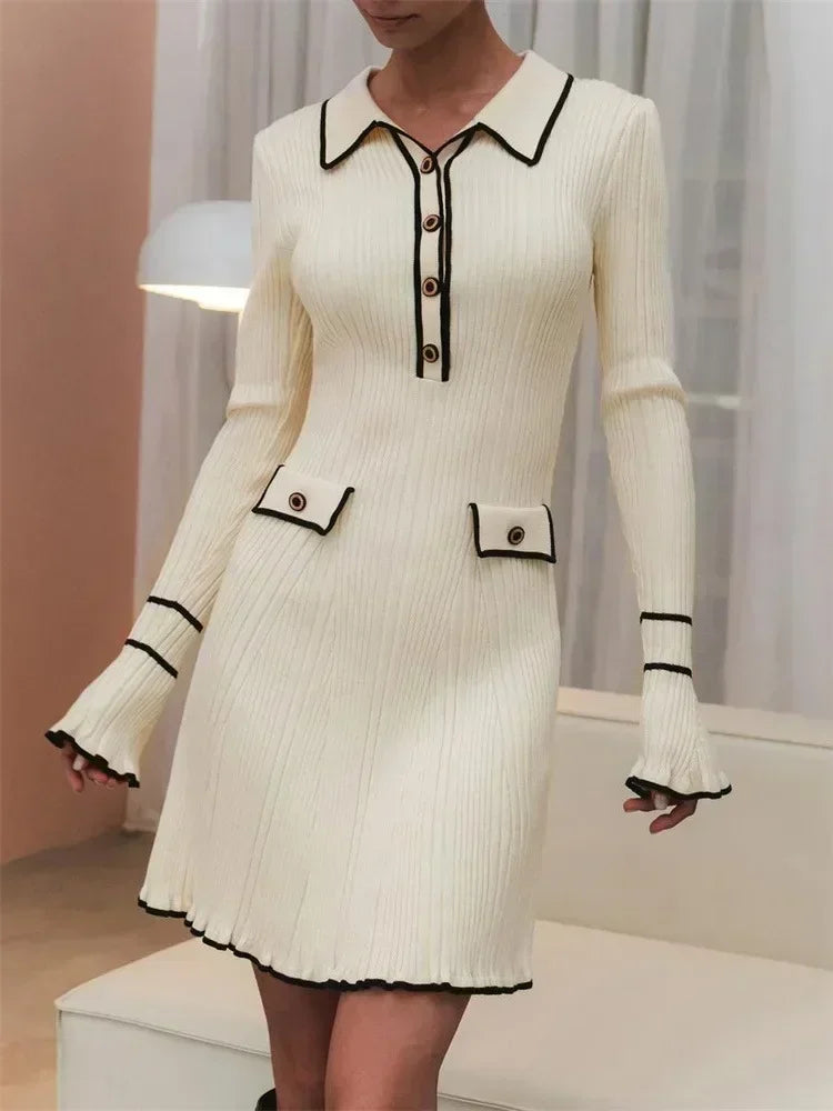 Ruffled Knit Dress Ribbed Contrast Long Sleeve High Waist Lapel Gown Dress Knit Ladies Maxi Dress