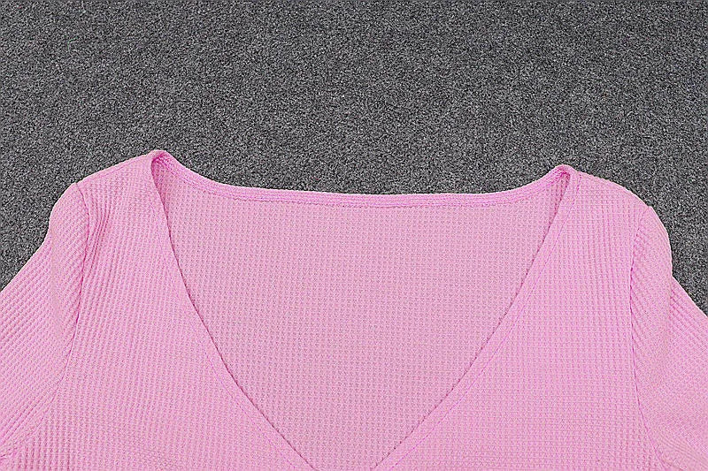 Pink Ribbed Knit T Shirt French Long Sleeves Cardigan Crop Top High-waist Exposed Navel Slim Top