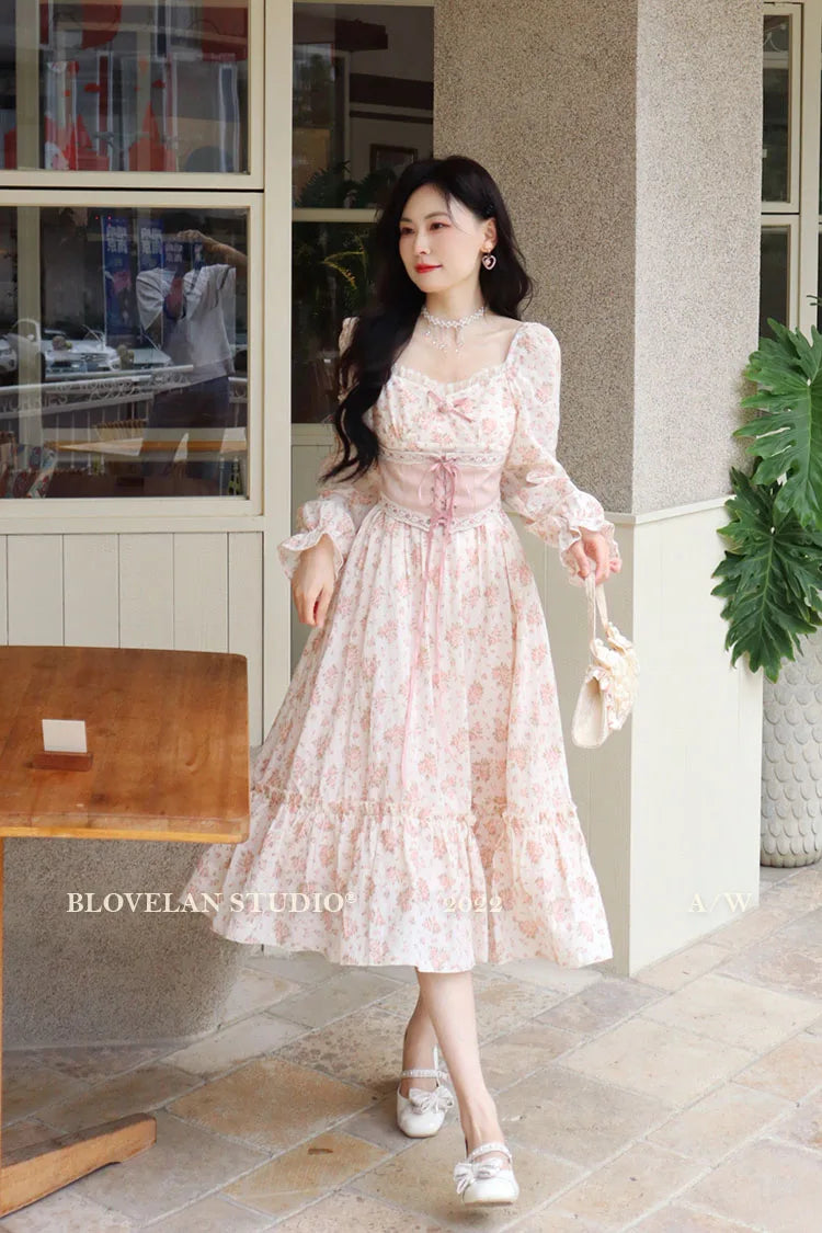 Spring Pink Floral Dress Bandage Lace Print Dress Puff Sleeve Kawaii Dress Princess Fairy